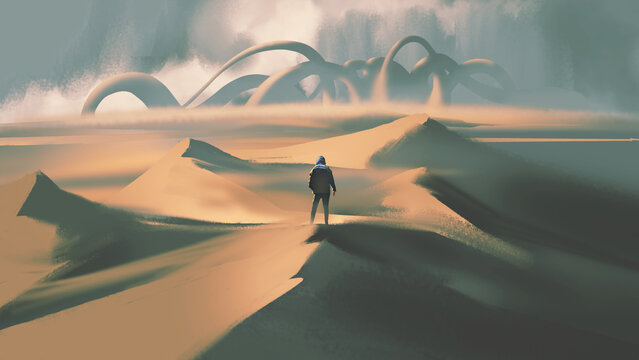 man standing in the desert looking at the giant monster on the horizon, digital art style, illustration painting