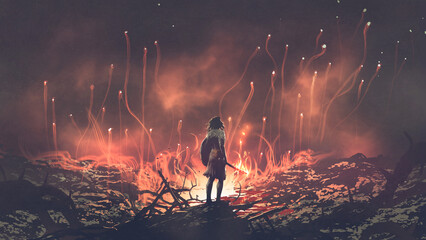 warrior woman standing on the ground of fire watching the spirits float up in the sky, digital art style, illustration painting 