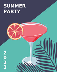 Summer party. Martini drink illustration with orange slice for summer with leaf. Suitable for posters, banners, covers, and other marketing purposes. Vector