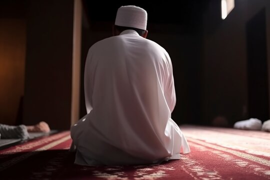 illustration, muslim man praying in the mosque, ai generative