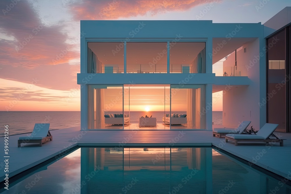 Poster luxurious house with a sparkling swimming pool in the foreground. generative ai