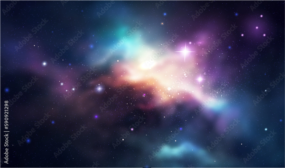 Sticker space vector background with realistic nebula and shining stars. magic colorful galaxy with stardust