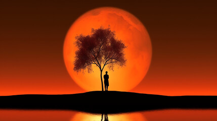 Fototapeta na wymiar Black silhouettes of person and tree in front of orange sky with moon - Generative AI