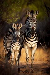 illustration, zebra standing in the bush with her foal, ai generative
