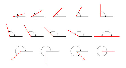 Degree angle estimation icons. A set of icons of signs of the degree of inclination highlighted in red. A set of icons in red at an angle of 30, 45, 60, 75, 90, 105, 120, 135, 150, 165 and 180 degrees - obrazy, fototapety, plakaty