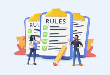 3D rules list. Business characters people studying list of rules, reading guidance, making checklist. Vector illustration company order, restrictions, law regulations 3D render concept illustration
