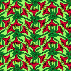 seamless symmetrical graphic pattern of red flowers on a green background, texter, design