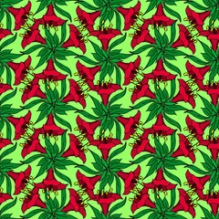 Foto auf Acrylglas seamless symmetrical graphic pattern of red flowers on a green background, texter, design © Yuliia