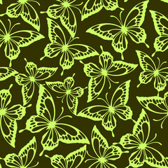 seamless pattern of butterflies olive contours on a green background, texture, design