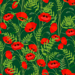 Poppy flowers. Red flowers on a green background. Wildflowers. Seamless pattern.