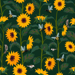 Sunflowers. Buds, stems, foliage, flowers. Sparrows, bees and wasps. Seamless pattern, print