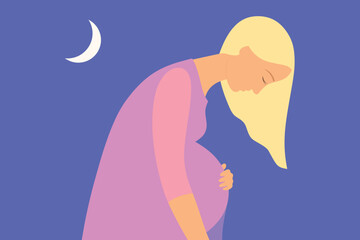 Woman giving birth in the night. Full term pregnancy, labour, birthing vector illustration.