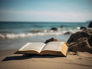 Fototapeta na wymiar 해변의 책과 파도, 하늘. 인공지능 생성