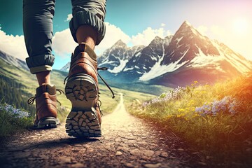 Feet of a Man Walking on a Pathway Towards a Mountain in Nature on a Bright Sunny Day - Generative AI
