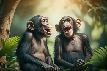 Two Chimpanzees Laughing at Each Other in a Tropical Nature Background - Generative AI

