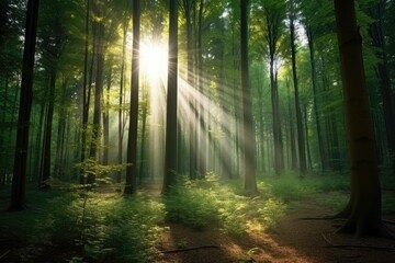 Tall, Green Forest Trees With Sunlight Coming Through - Generative AI

