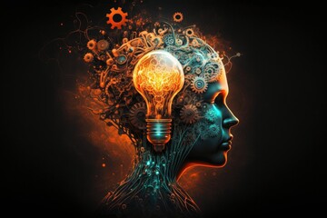 Technology Head With a Brain Light Bulb and Abstract Gears Depicting Smart Intellect and Wisdom - Generative AI
 - obrazy, fototapety, plakaty