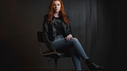 Obraz na płótnie Canvas Portrait of a fictional ginger woman model wearing a leather jacket and jeans, sitting on a chair, isolated. Generative AI illustration.