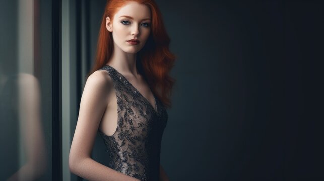 Portrait of a fictional ginger woman model wearing a elegant dress, standing, isolated. Generative AI illustration.