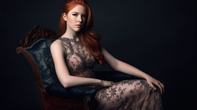 Portrait of a fictional redhead woman model wearing a elegant dress, sitting on a chair, isolated. Generative AI illustration.