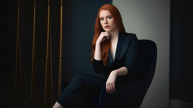 Portrait of a fictional redhead business woman wearing a suit, sitting on an elegant chair. Generative AI illustration.