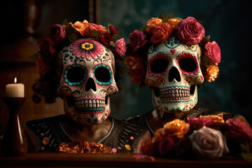 On the altar, decorated with flowers in honor of the Mexican Day of the Dead, are two Mexican-style skulls. Generative AI
