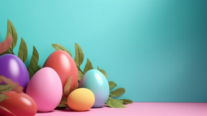 bright blue background with copy space. easter day concept, colorful egg and leaves decoration, generative ai