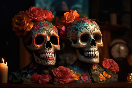 On the altar, decorated with flowers in honor of the Mexican Day of the Dead, are two Mexican-style skulls. Generative AI