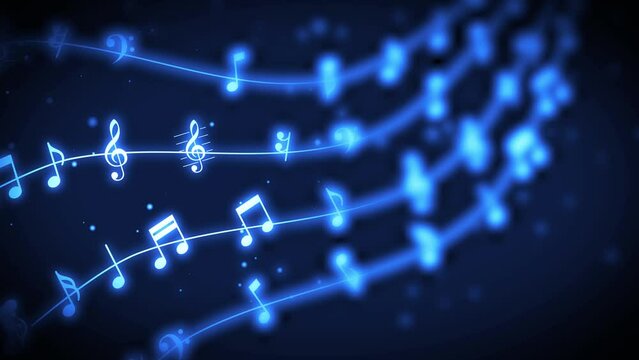 Wavy Music Notes with Motion Blur and Light particles.  Seamless loop in Blue Musical Background. 
