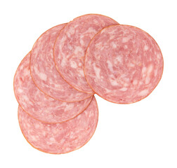 ham slices isolated on white background, five pieces of sliced sausage laid out to create layout