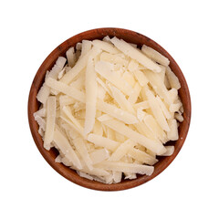 grated cheese parmesan in wooden bowl isolated on white background, top view of slices cheese,...