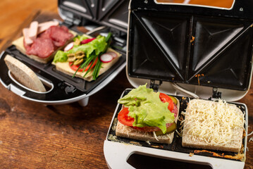 Vegetarian and meat-eating sandwich. Comparison. Sandwich stuffed with meat sausages and ham against a stuffing of lettuce, onion, olives and tomato.