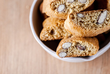 Closeup of freshly baked Italian almond cantuccini biscuits