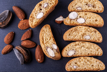 Closeup of freshly baked Italian almond cantuccini biscuits