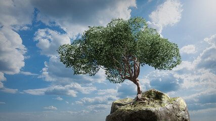 Lone tree on the rock on the windy day, 3d render