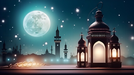 Fototapeta na wymiar Ramadan kareem islamic greeting background, Eid mubarak greeting lantern background, Generative Ai