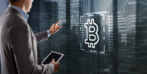 Businessman clicking on virtual screen Bitcoin Cryptocurrency concept. Mining factory. Server racks background