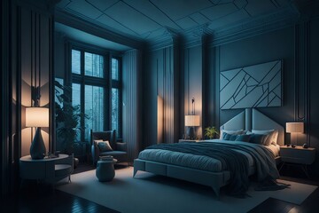 a concept of a luxury modern hotel interior bedroom in dark colors in the night with lamps. Generative AI