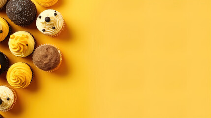minimalistic background with cupcakes, sweets, fruits, top view, copy space, mock up