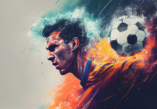 Abstract sports poster soccer player hitting the ball - AI generated image