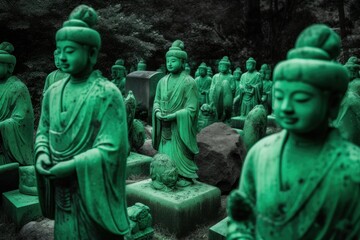 Row of green statues stand next to each other. Generative AI