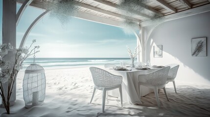 Pure luxury: Unique beach scenery and exquisite ambience for an unforgettable beach meal. Caribbean flair for a wonderful meal on the beach in a luxurious ambience. - Generative AI - obrazy, fototapety, plakaty