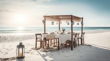 Pure luxury: Unique beach scenery and exquisite ambience for an unforgettable beach meal. Caribbean flair for a wonderful meal on the beach in a luxurious ambience. - Generative AI
