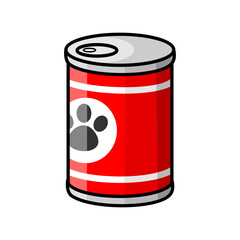 Cartoon pet food. Tin can with wet food for cats and dogs. Care goods and accessories for pet shop. Supplies for feeding domestic animals. Colorful vector isolated illustration on white background.