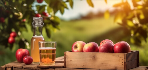 Wooden box of delicious ripe apples and bottle and glass of apple juice on apple garden background in summer. Copy space. Based on Generative AI