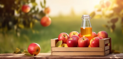 Wooden box of delicious ripe apples and bottle of apple juice on apple garden background in summer. Copy space. Based on Generative AI