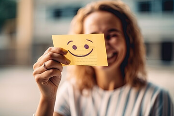 Girl hides her face behind a yellow notebook paper with a smiling emotion drawn on it, created with Generative AI