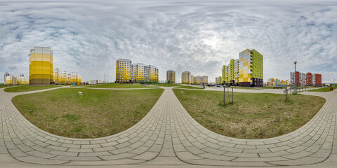 360 hdri panorama view with skyscrapers in new modern residential complex with high-rise buildings...