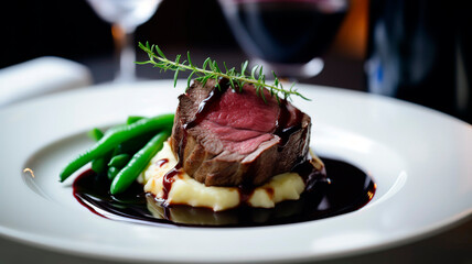 Beautifully plated, fine dining dish featuring a tender, pan-seared duck fillet meat with crispy skin, resting on a bed of creamy mashed potatoes, accompanied by a red wine reduction.