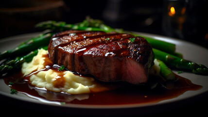 Beautifully plated, fine dining dish featuring a tender, pan-seared duck fillet meat with crispy skin, resting on a bed of creamy mashed potatoes, accompanied by a red wine reduction.